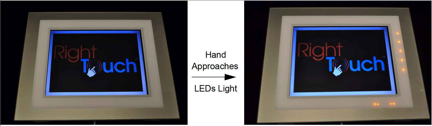 Figure 1 - On the left, the LEDs are off but as a hand approaches the LEDs turn on, as seen on the right